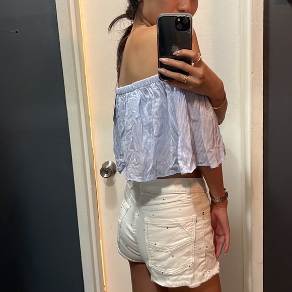 NWT LF blue striped off the shoulder crop top - Picture 2 of 6